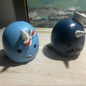 Adorable sailor blue resin narwhal figurines from Cracker Barrel